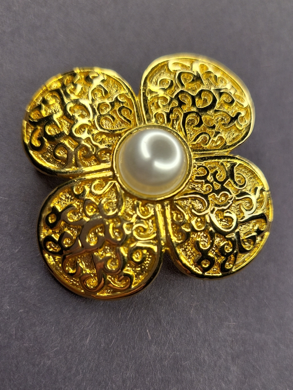Gold Floral Pearl-Center Brooch